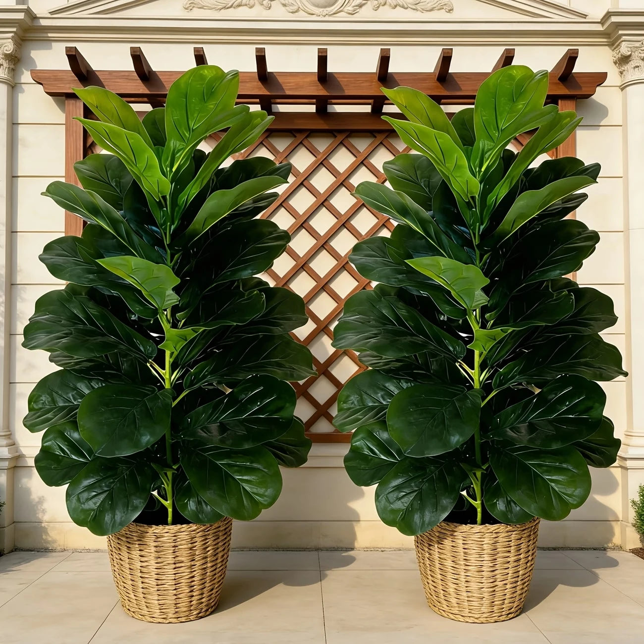 You can elevate any space with two 3-foot artificial fiddle leaf fig trees in white geometric pots.