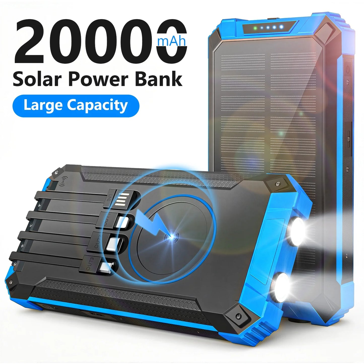 20000mAh Portable Solar Power Bank With Wireless Charging Led Lights