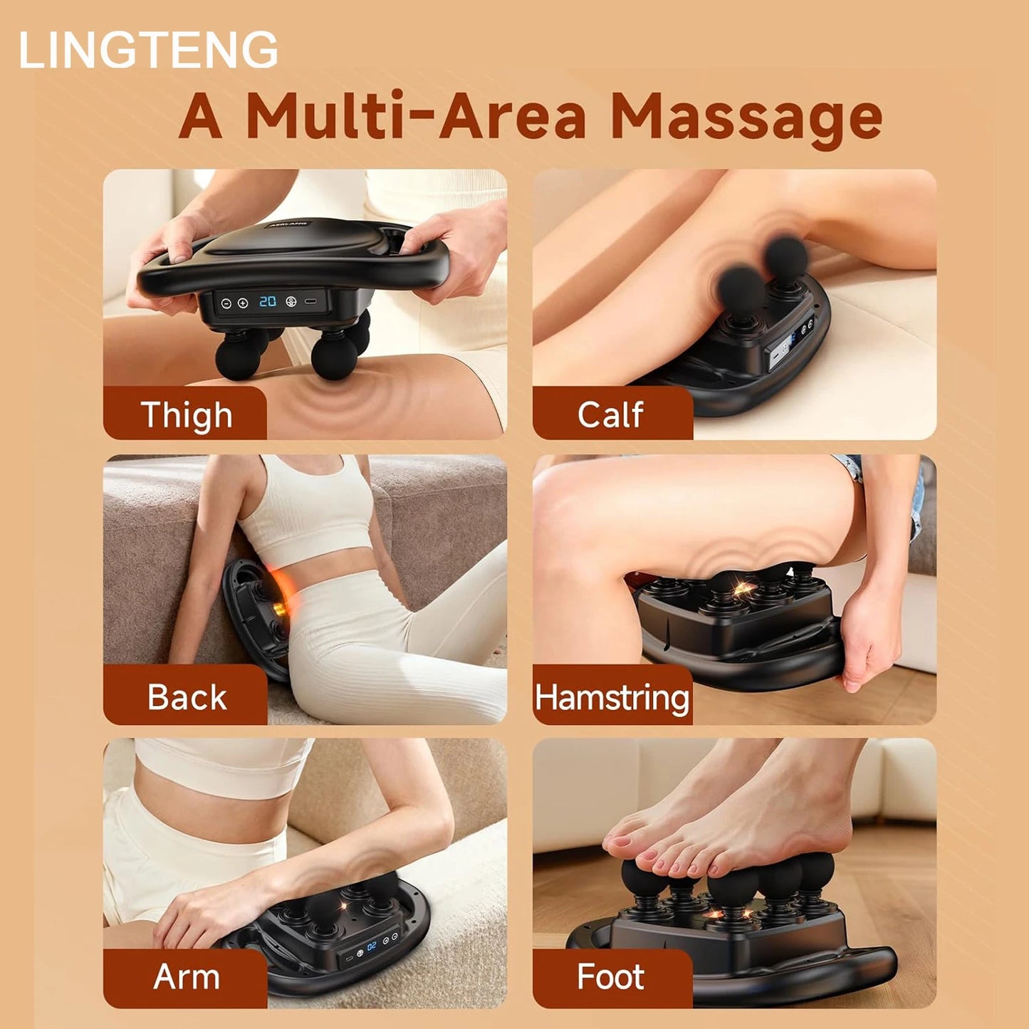 LINGTENG Deep Tissue Massage Gun With 6 Heads 9 Intensity Levels 4 Modes