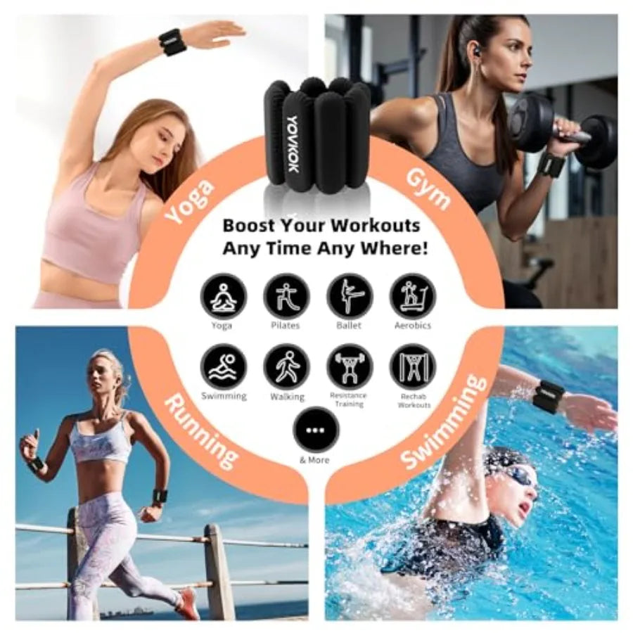 Adjustable Silicone Wrist and Ankle Weights for Home Gym Workouts Running Yoga Pilates Barre Strength Training Black