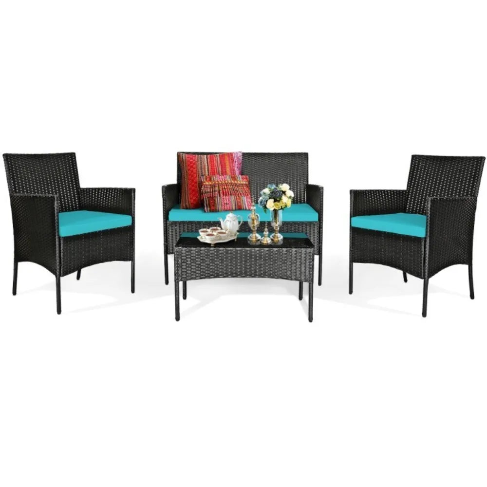 Patio Rattan Cushioned Sofa Set With Tempered Glass Coffee Table