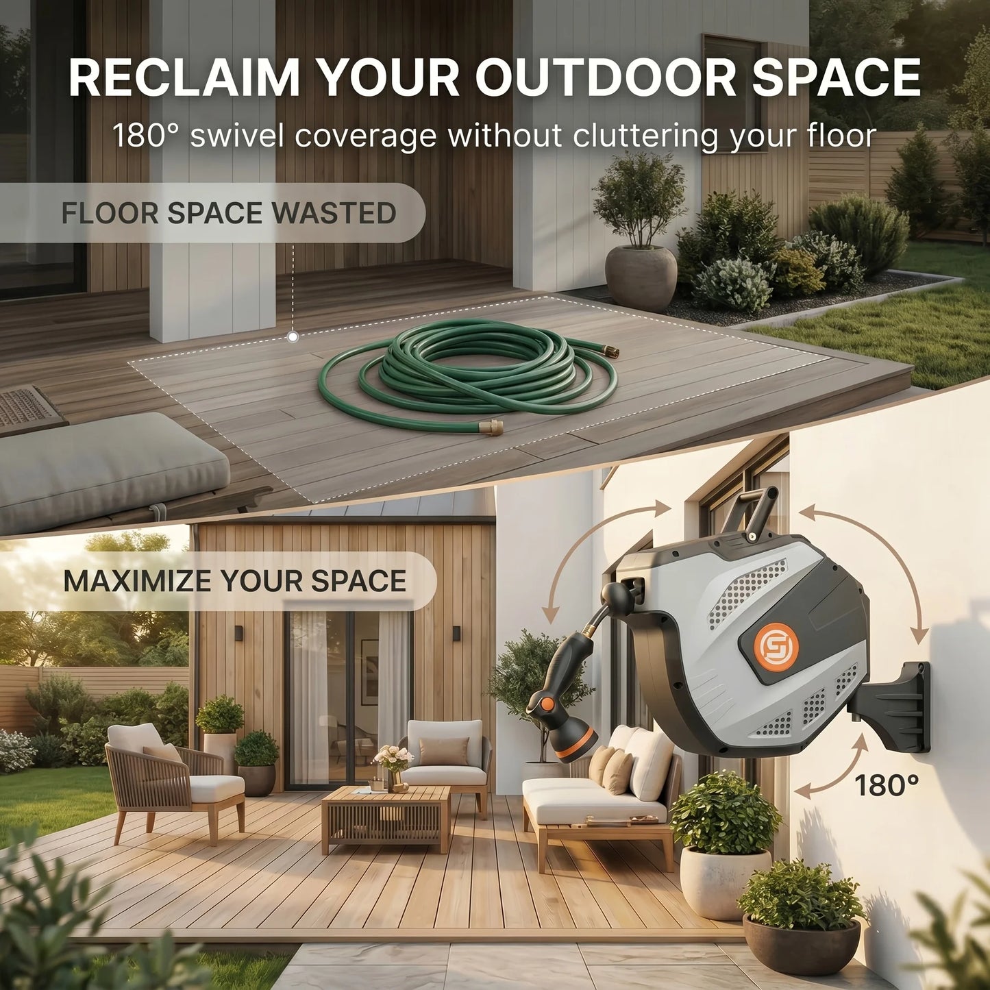 Self Retracting Garden Hose Reel With 10 Function Nozzle