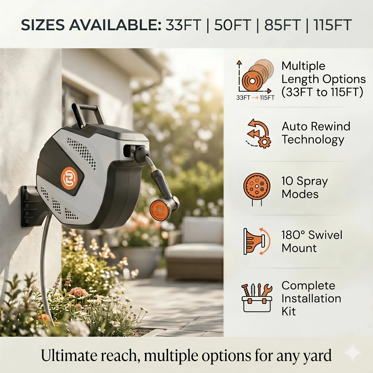 Self Retracting Garden Hose Reel With 10 Function Nozzle