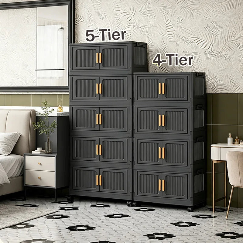 Foldable Plastic Storage Cabinet With Rolling Wheels And Lid