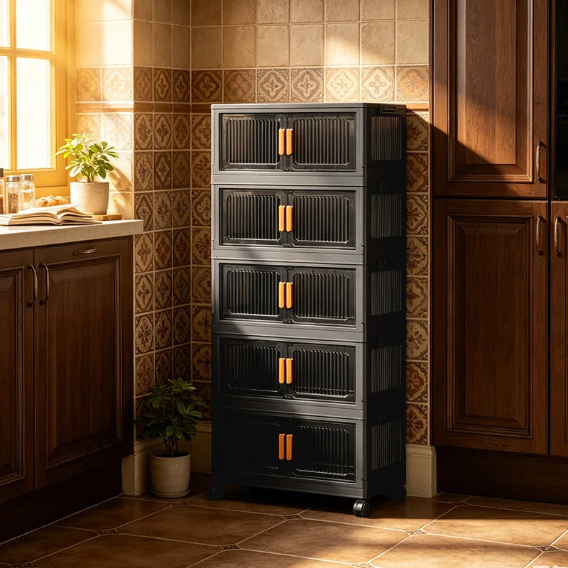 Foldable Plastic Storage Cabinet With Rolling Wheels And Lid