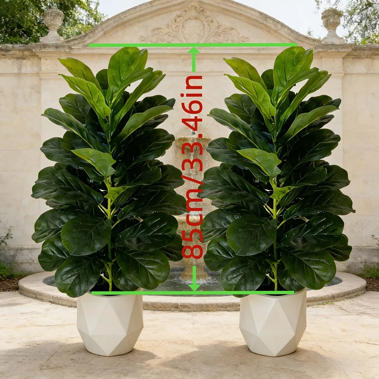 You can elevate any space with two 3-foot artificial fiddle leaf fig trees in white geometric pots.