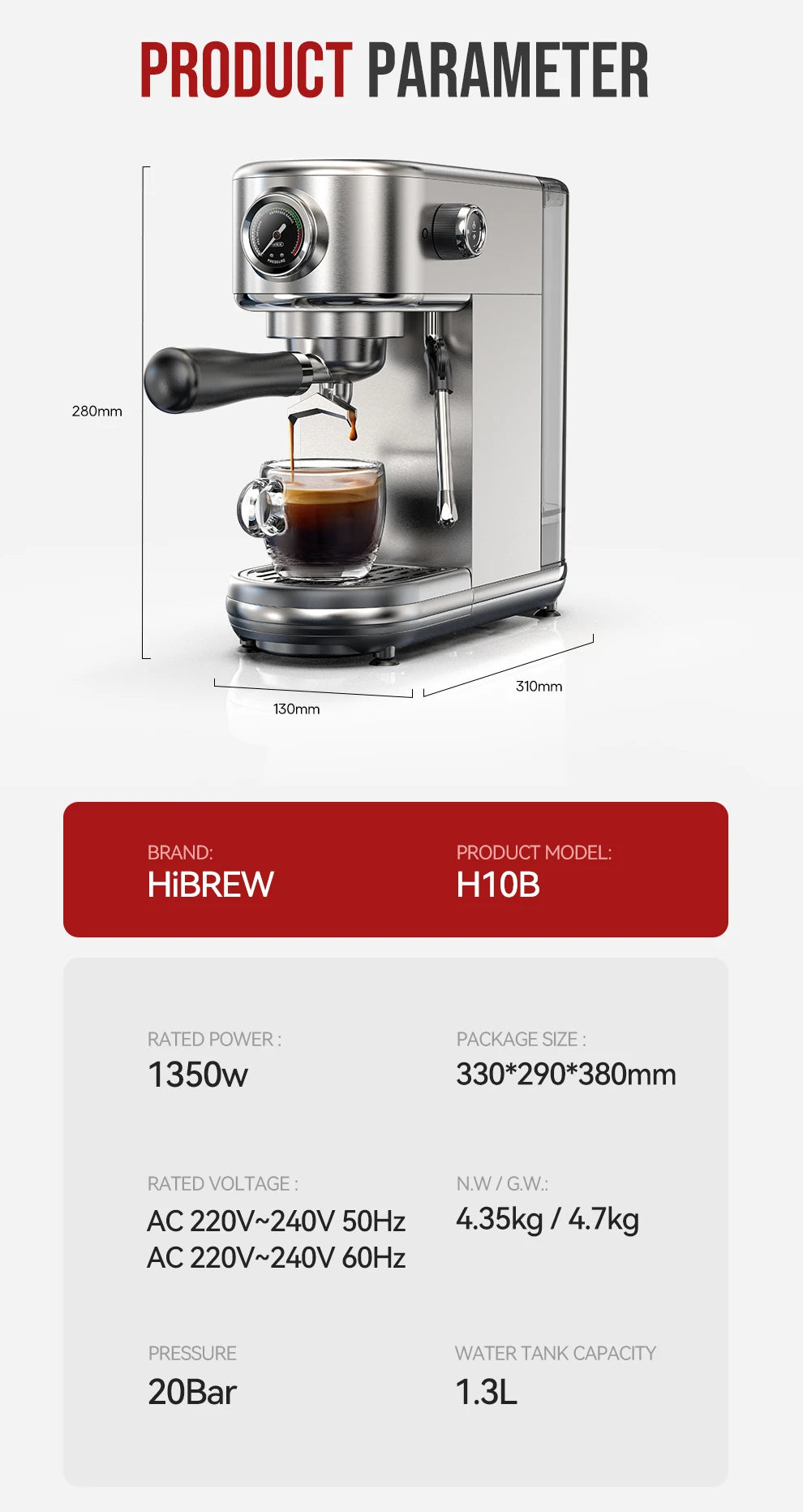 HiBREW H10B 20Bar Semi Automatic Espresso Machine Temperature Adjustable