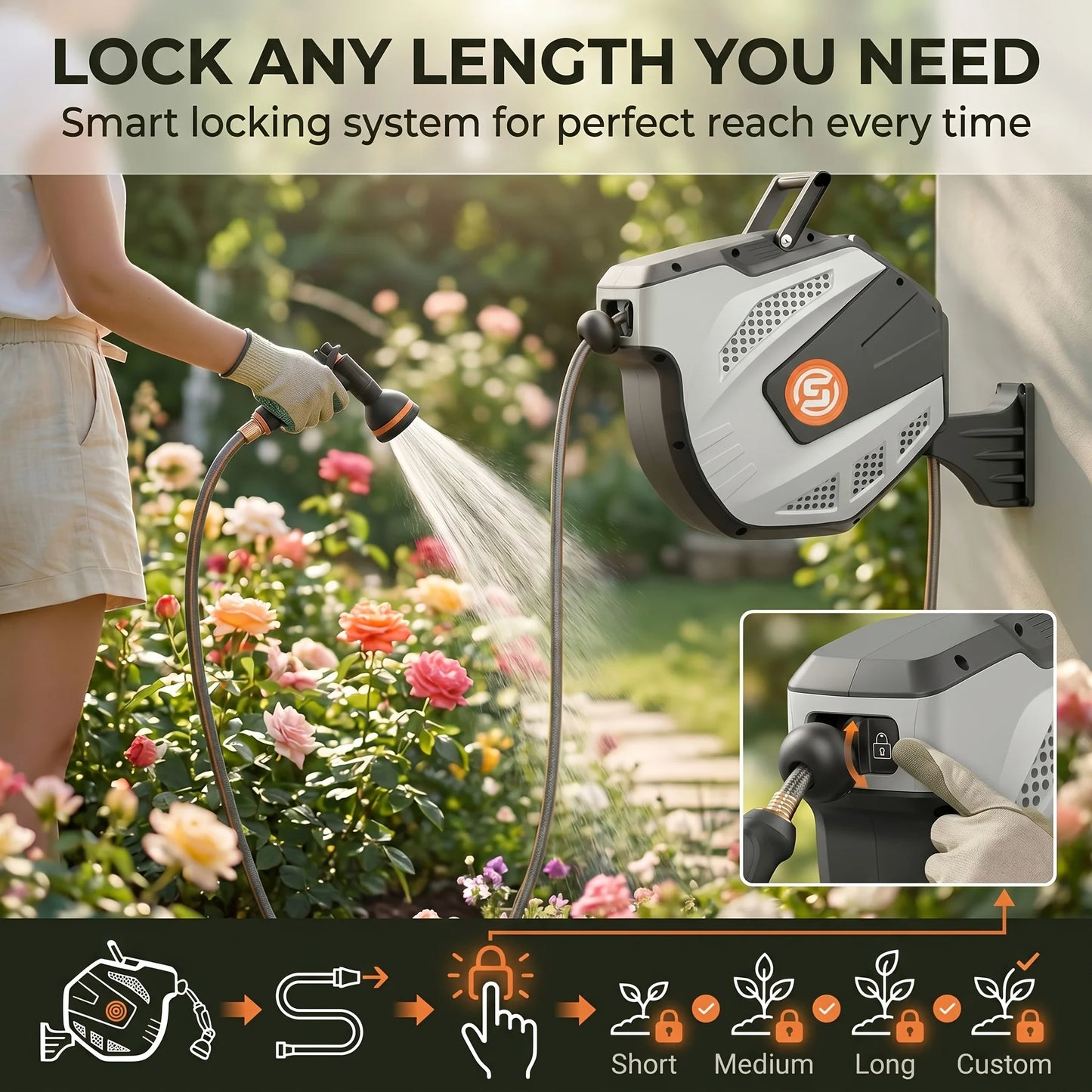 Self Retracting Garden Hose Reel With 10 Function Nozzle