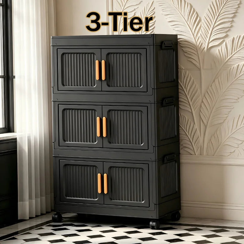 Foldable Plastic Storage Cabinet With Rolling Wheels And Lid