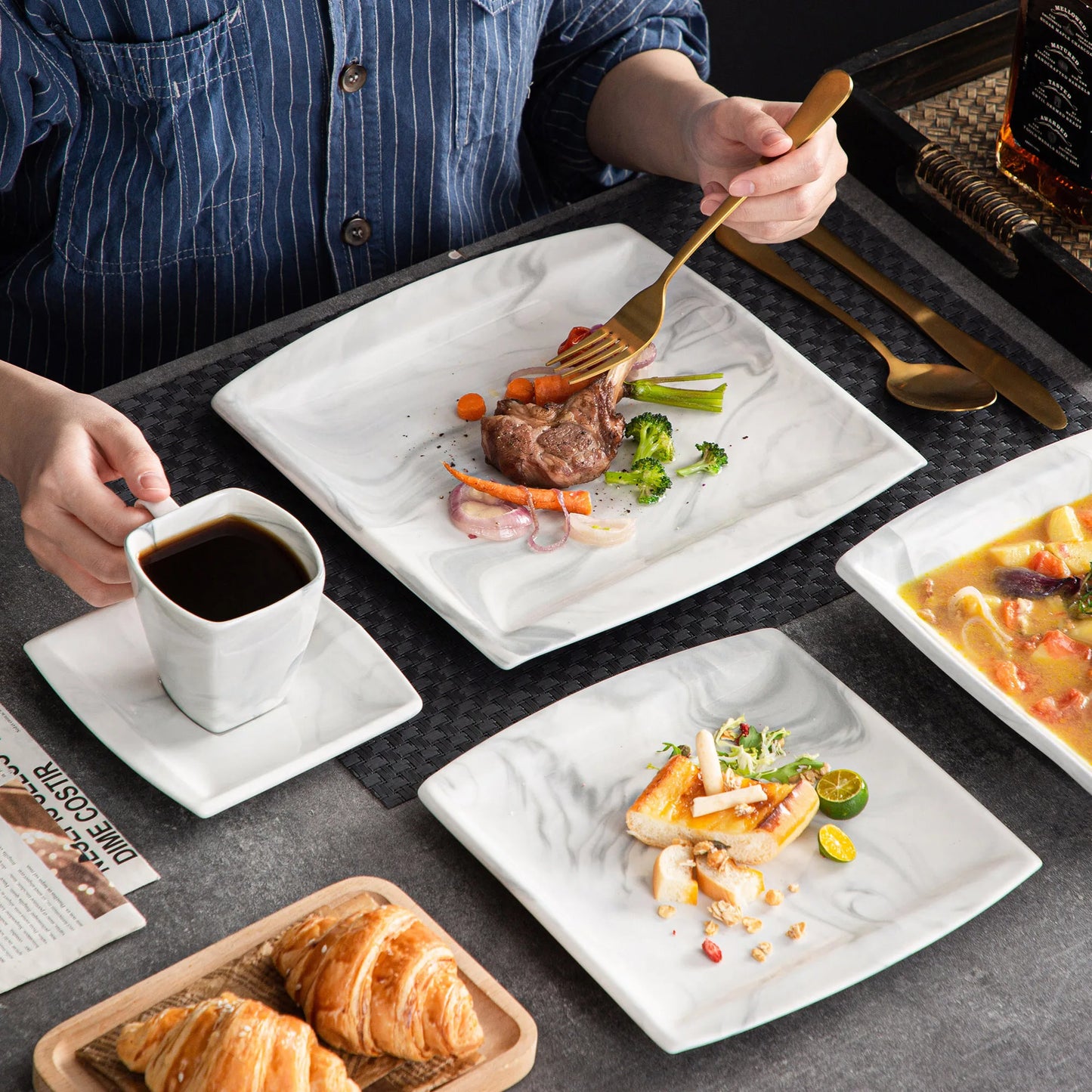 MALACASA Marble Porcelain Dinnerware Set Service for 12