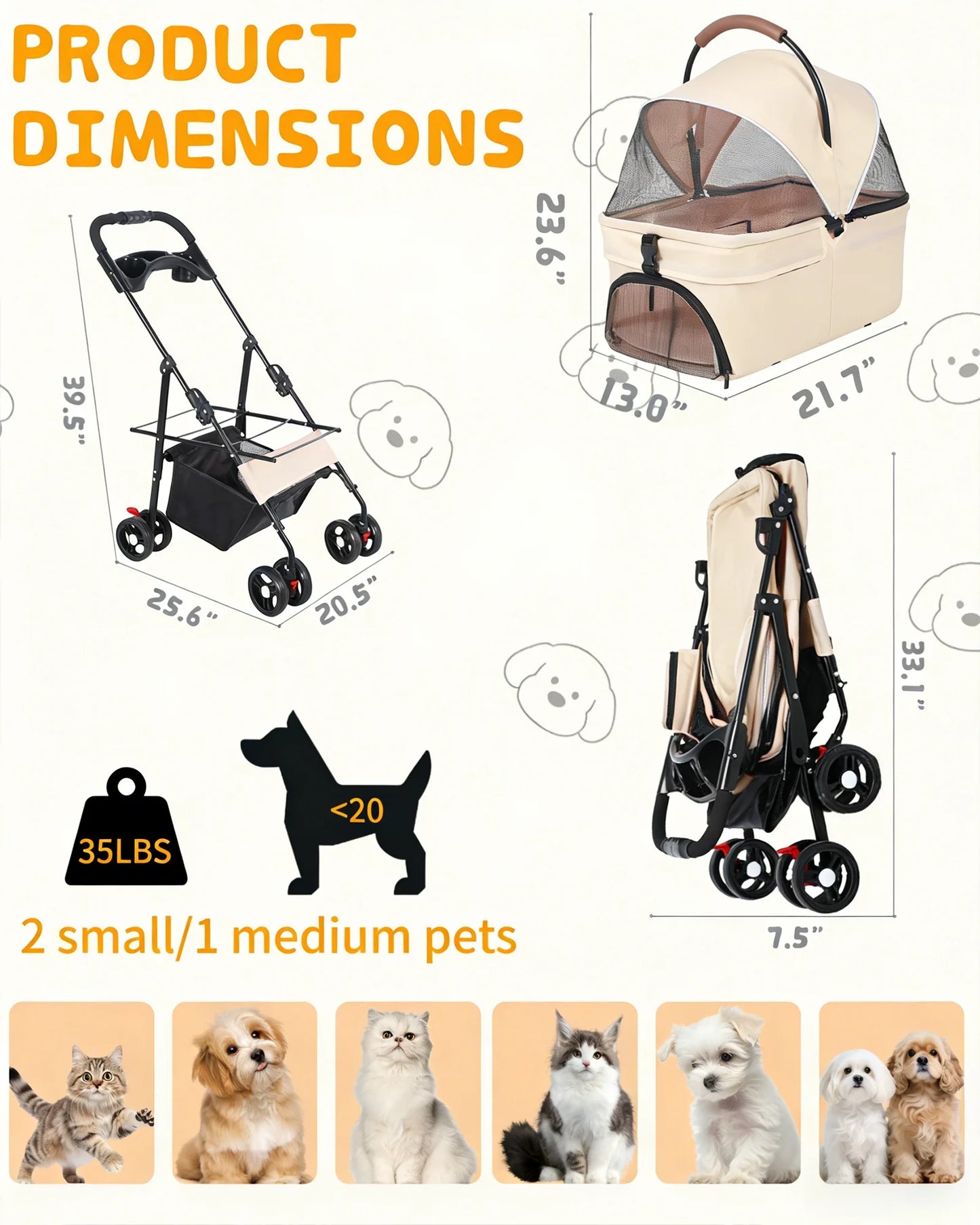 Cabusatly 2in1 Pet Stroller For Small Dogs Cats Foldable Carrier