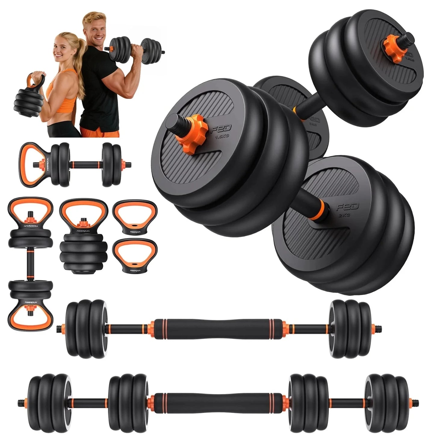 FEIERDUN Adjustable Dumbbells 70 Pound Five In One Free Weight Set Barbell Kettlebell Push Up Stand