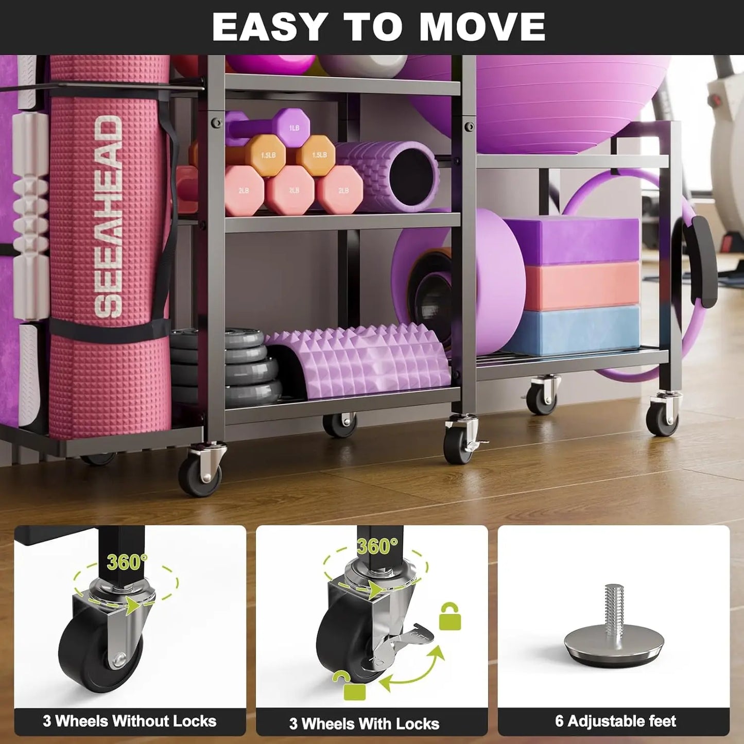 6-Tier Adjustable Gym Storage Rack With Wheels For Dumbbells, Yoga Mats, And Fitness Equipment