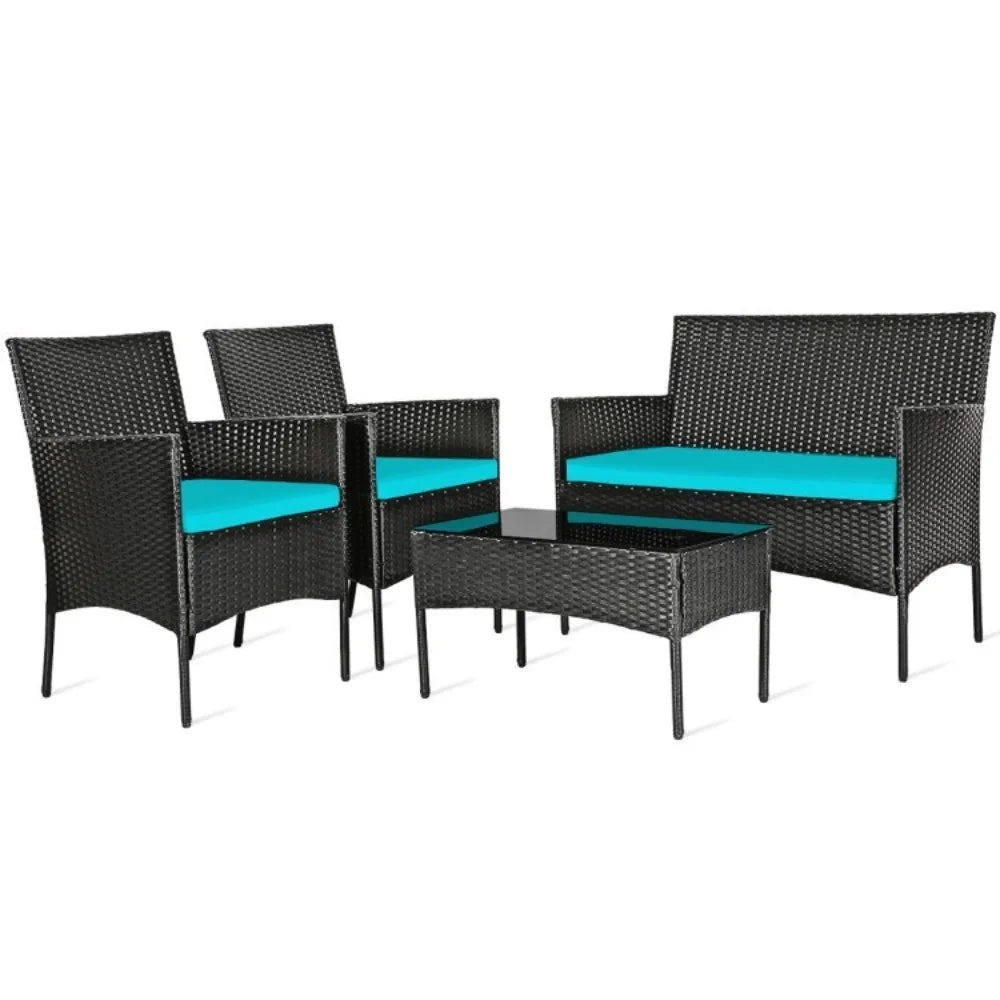 Patio Rattan Cushioned Sofa Set With Tempered Glass Coffee Table
