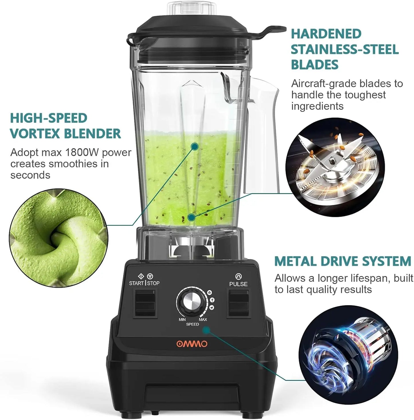 1800W Professional Blender With Stainless Steel Blades