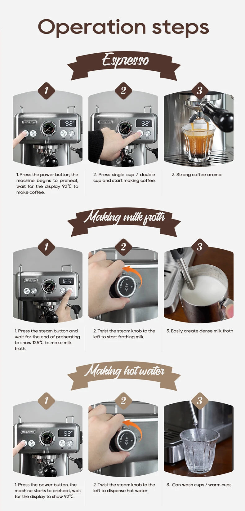 HiBREW 20 Bar Semi Automatic Espresso Machine With Portafilter