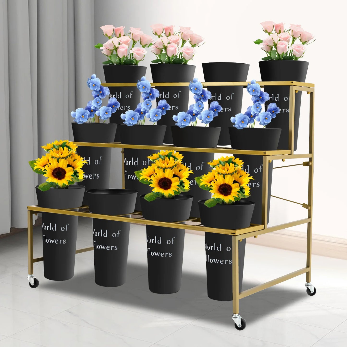 Three Tier Rolling Plant Stand With 12 Pots On Wheels Metal Garden Shelf For Balcony Patio