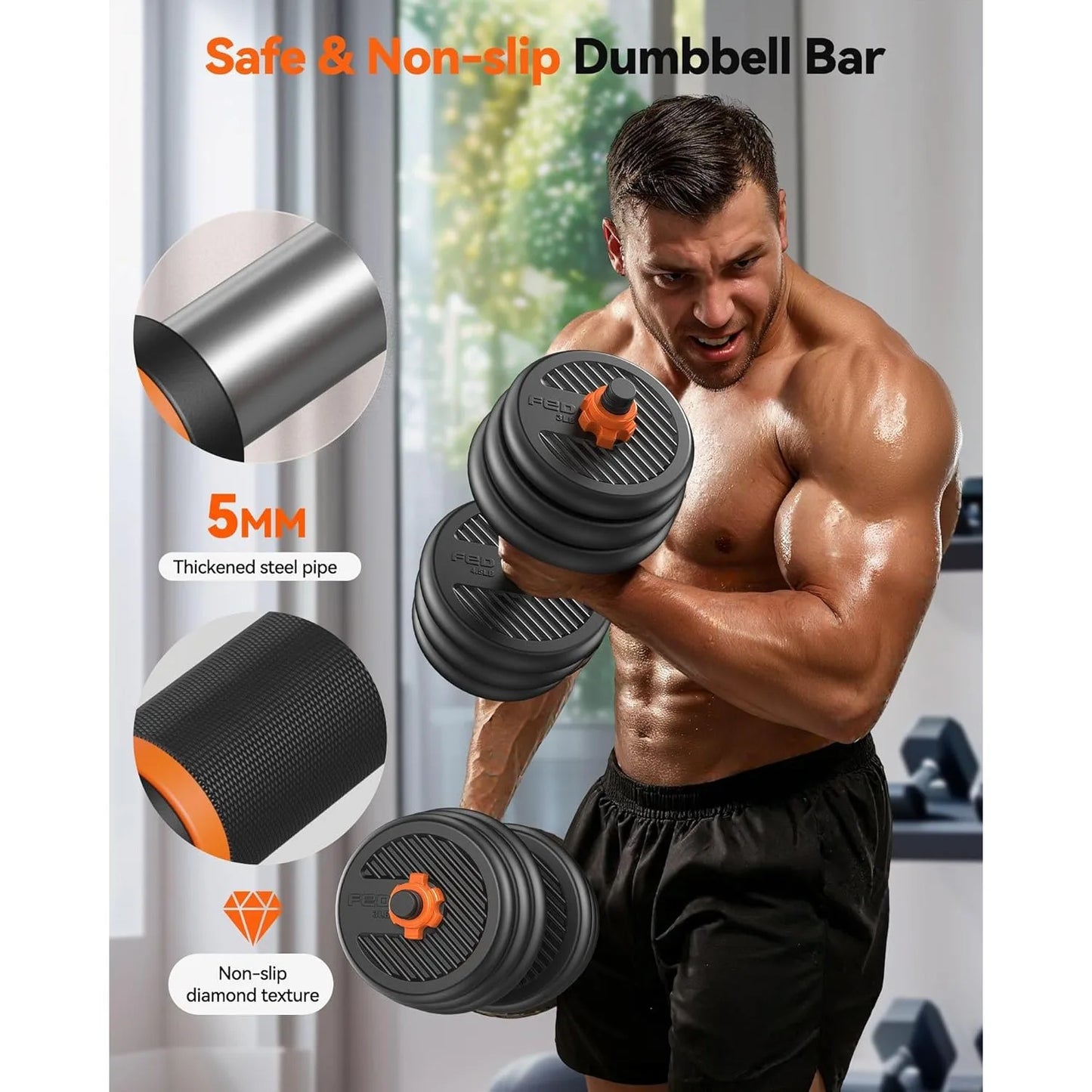 FEIERDUN Adjustable Dumbbells 70 Pound Five In One Free Weight Set Barbell Kettlebell Push Up Stand