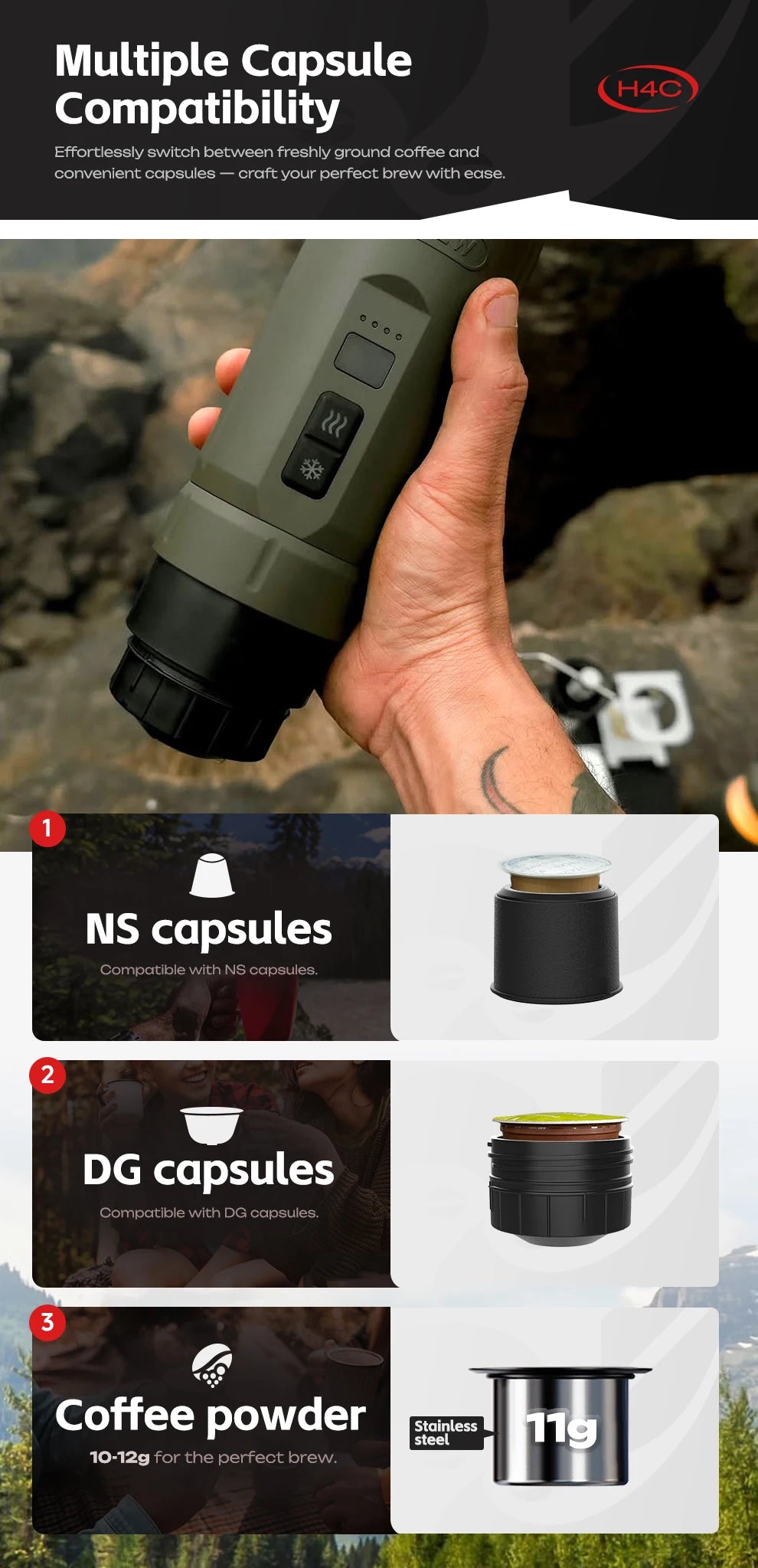 HiBREW H4C Portable Espresso Machine 3in1 Travel Coffee Maker 7500mAh Battery