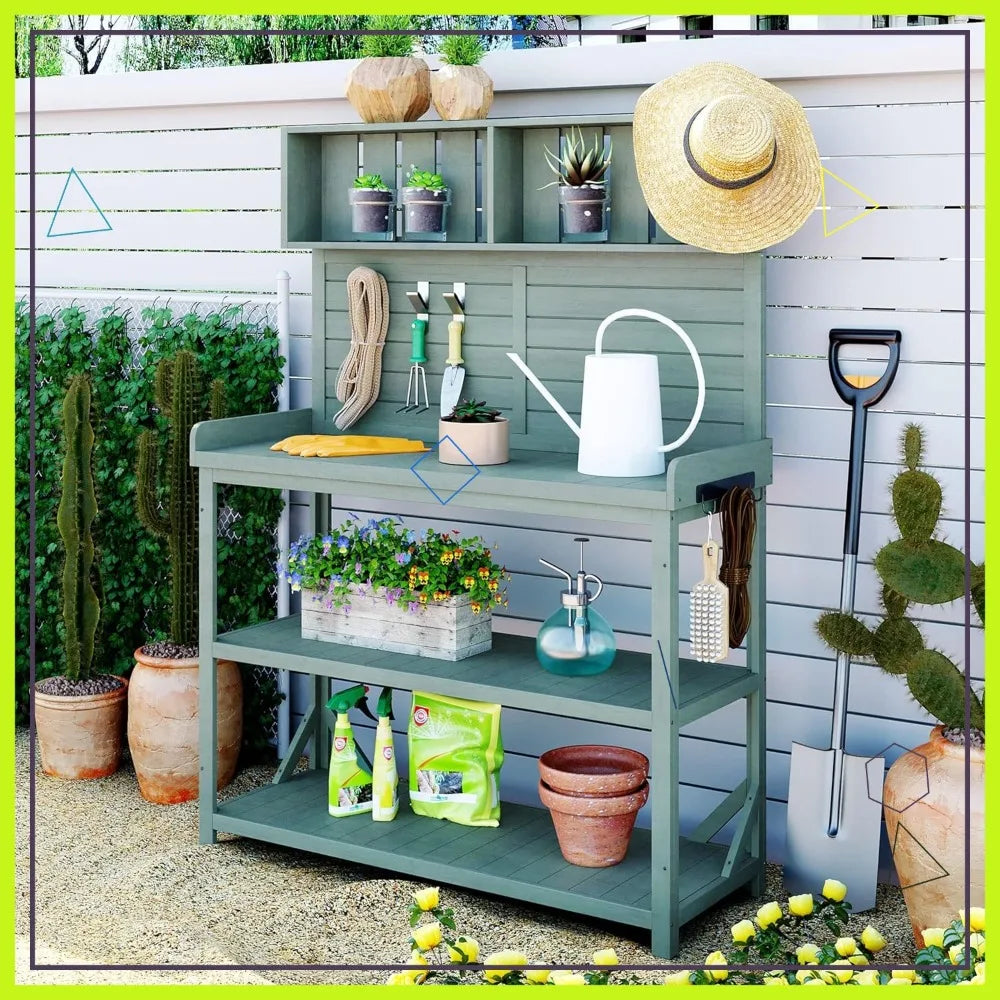 65 Inch Wooden Potting Bench Table With 4 Shelves Splash Plate And Side Hooks Rustic Outdoor Patio Garden Workstation