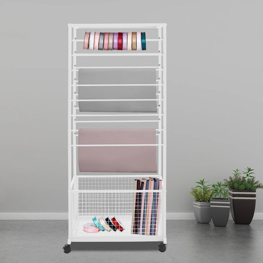 Ribbon Organizer Rack With Top Shelf And Storage Basket