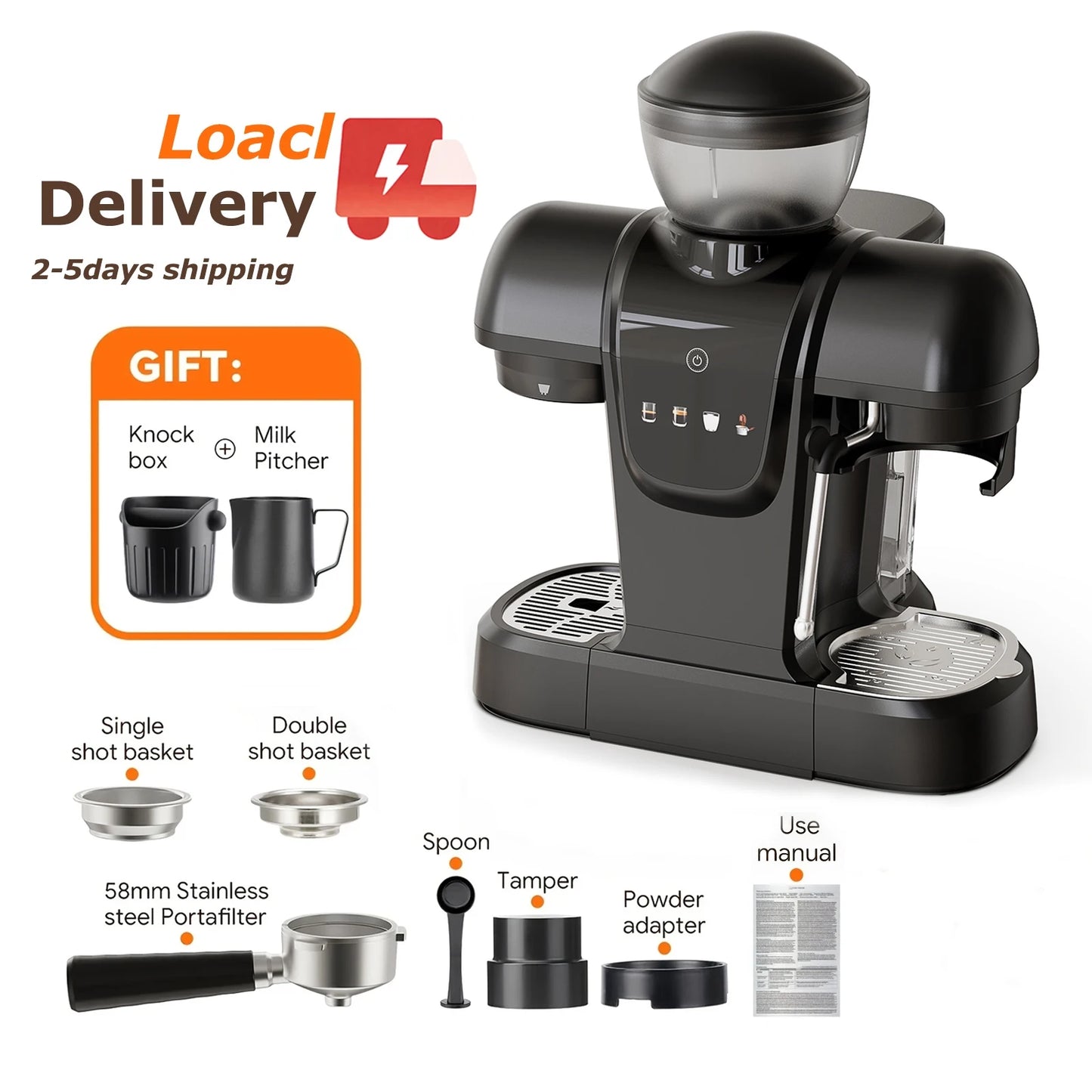 Capadeli 19 Bar 3 In 1 Espresso Machine With Grinder