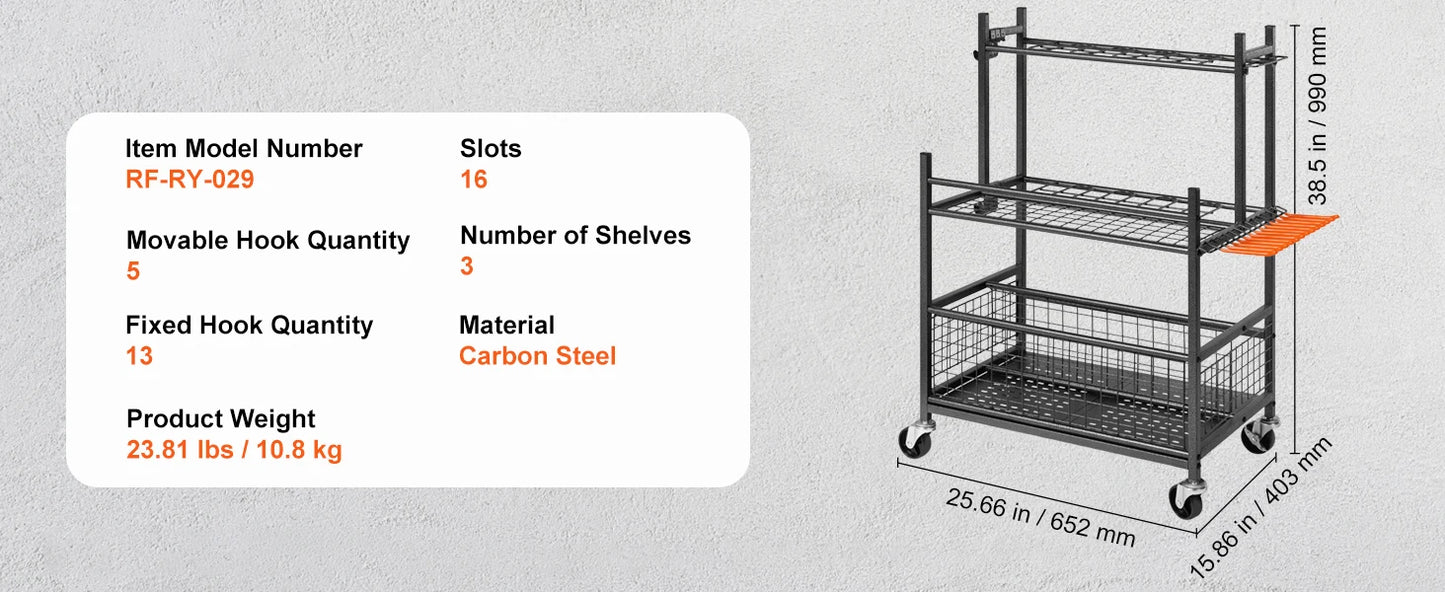 16 Slots Garden Tool Organizer Rack With Hooks And Wheels For Garage
