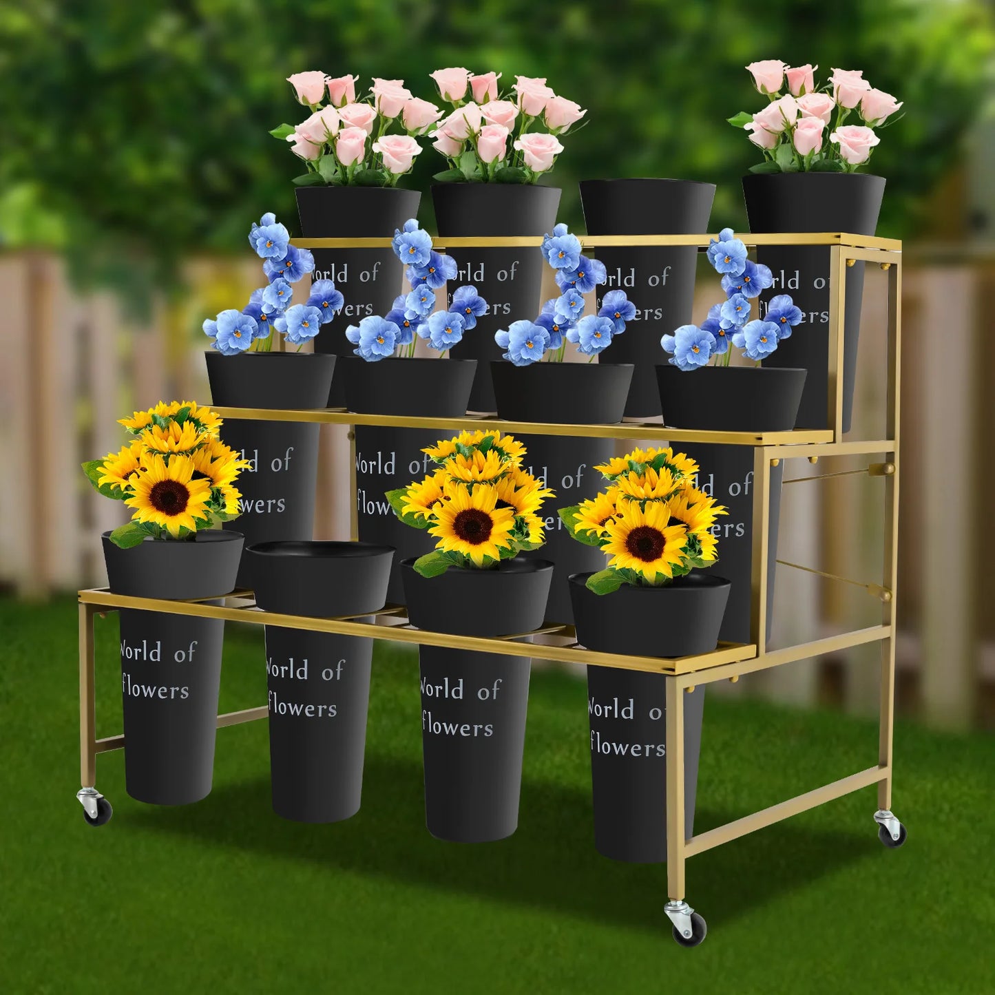 Three Tier Rolling Plant Stand With 12 Pots On Wheels Metal Garden Shelf For Balcony Patio