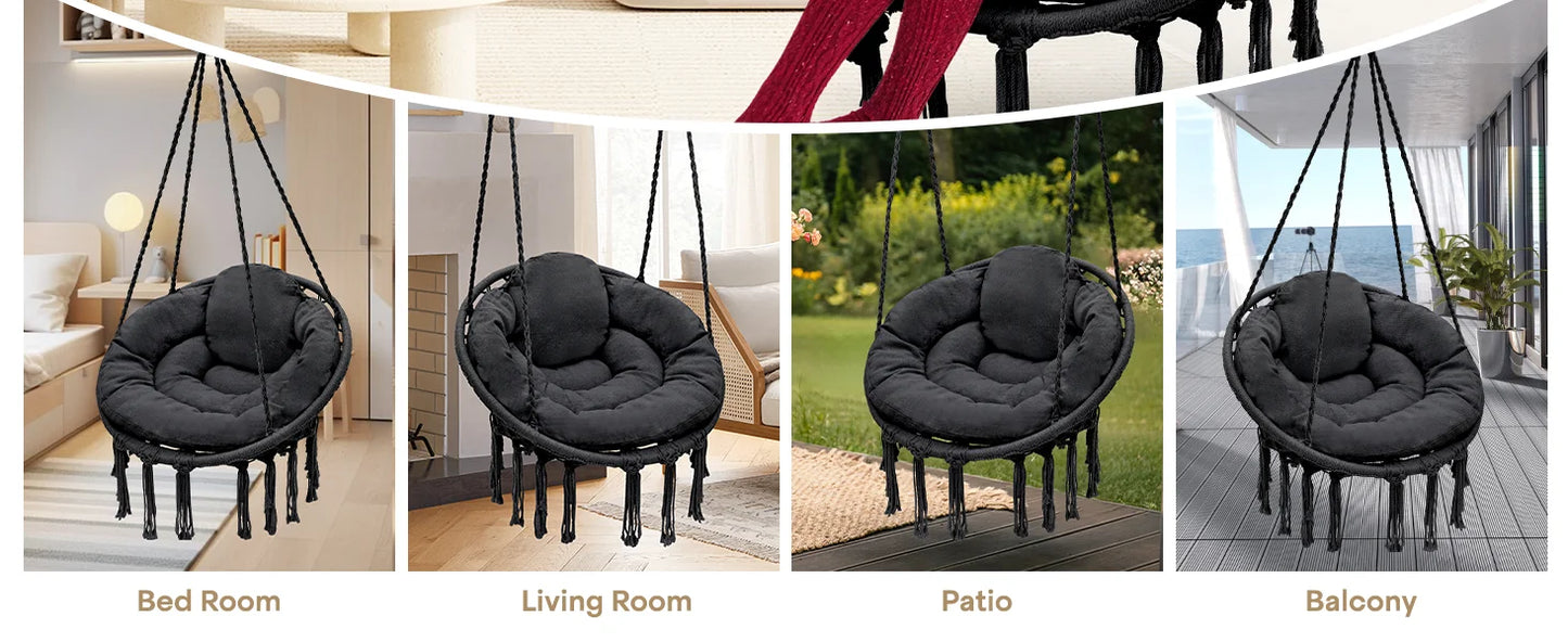 Hammock Swing Chair Cotton Cushions Macrame Rope Indoor Outdoor Furniture