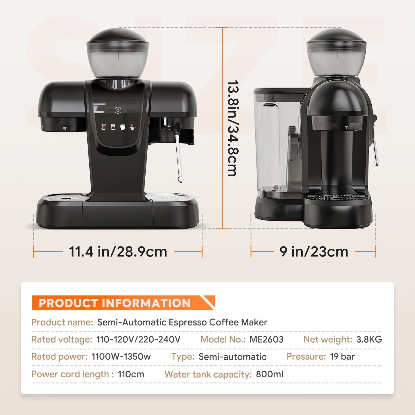 Capadeli 19 Bar 3 In 1 Espresso Machine With Grinder