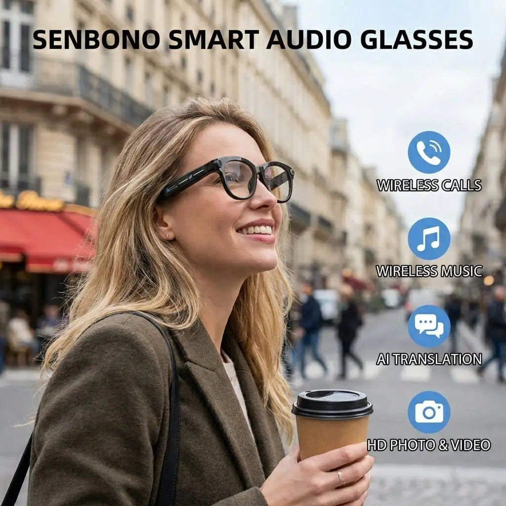 SENBONO AI Smart Glasses With 1080P 4K Video Real Time Translation Hands Free Camera Voice Assistant Sunglasses