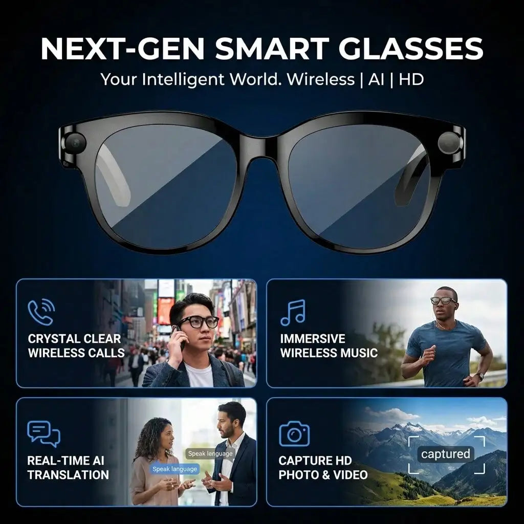SENBONO AI Smart Glasses With 1080P 4K Video Real Time Translation Hands Free Camera Voice Assistant Sunglasses