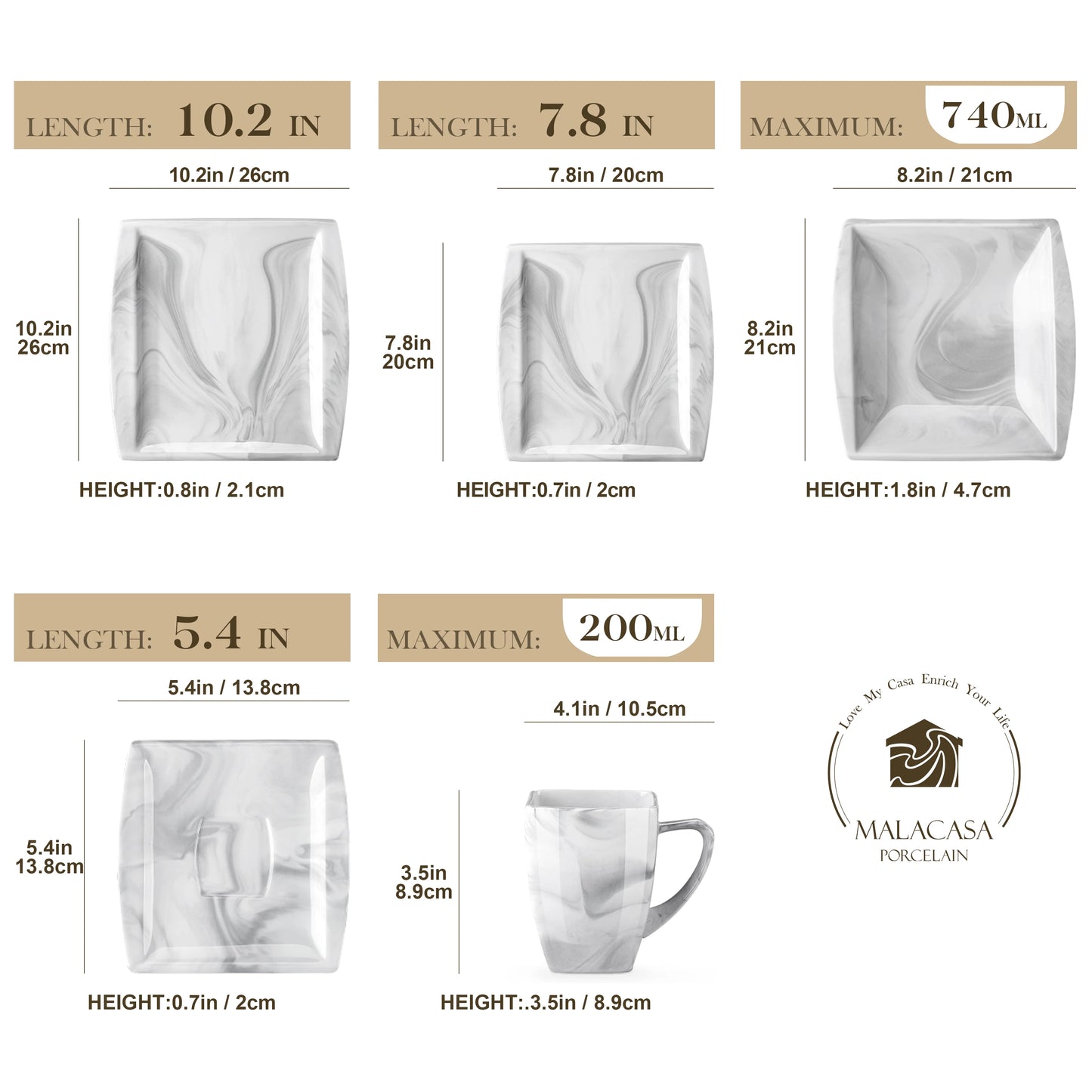 MALACASA Marble Porcelain Dinnerware Set Service for 12