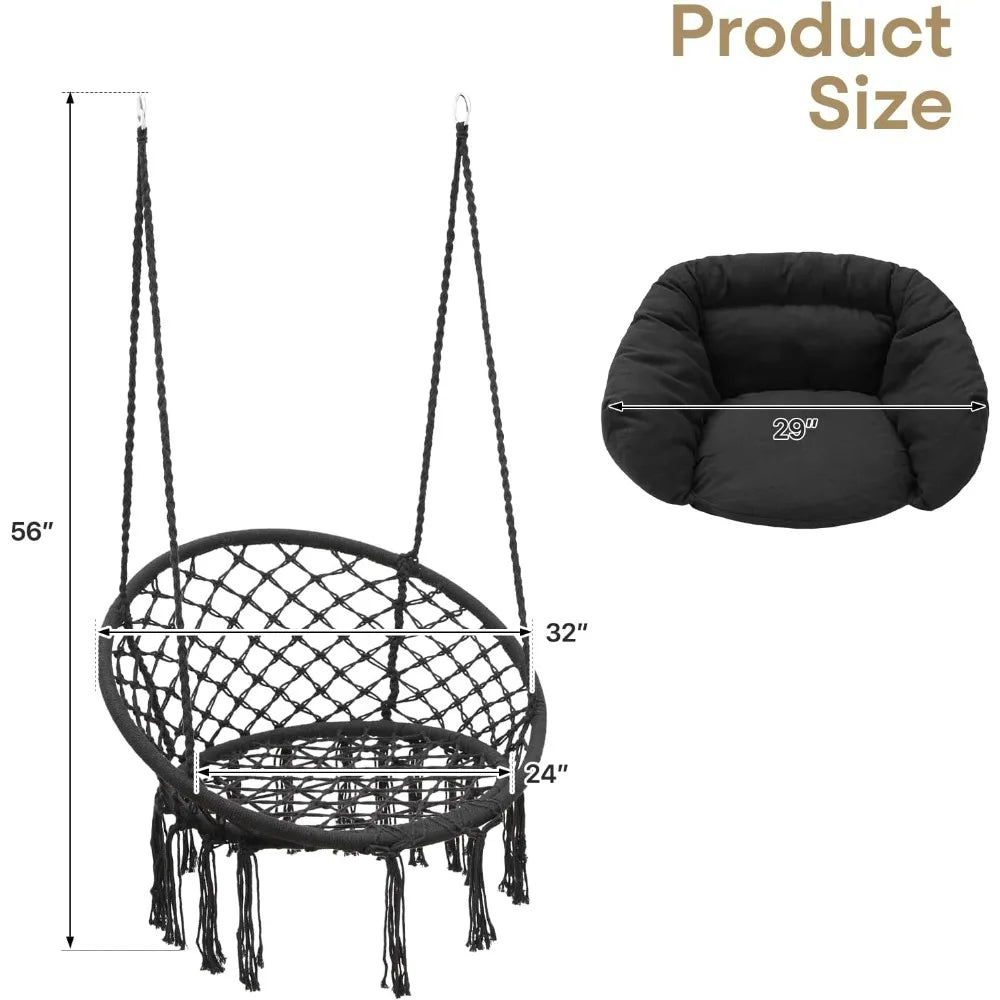 Hammock Swing Chair Cotton Cushions Macrame Rope Indoor Outdoor Furniture