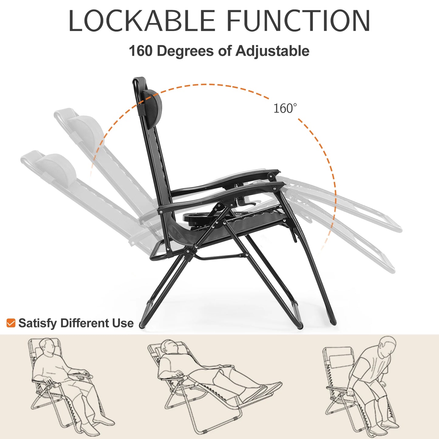 JHK Zero Gravity Portable Recliner Outdoor Patio Lounge Cup Holder