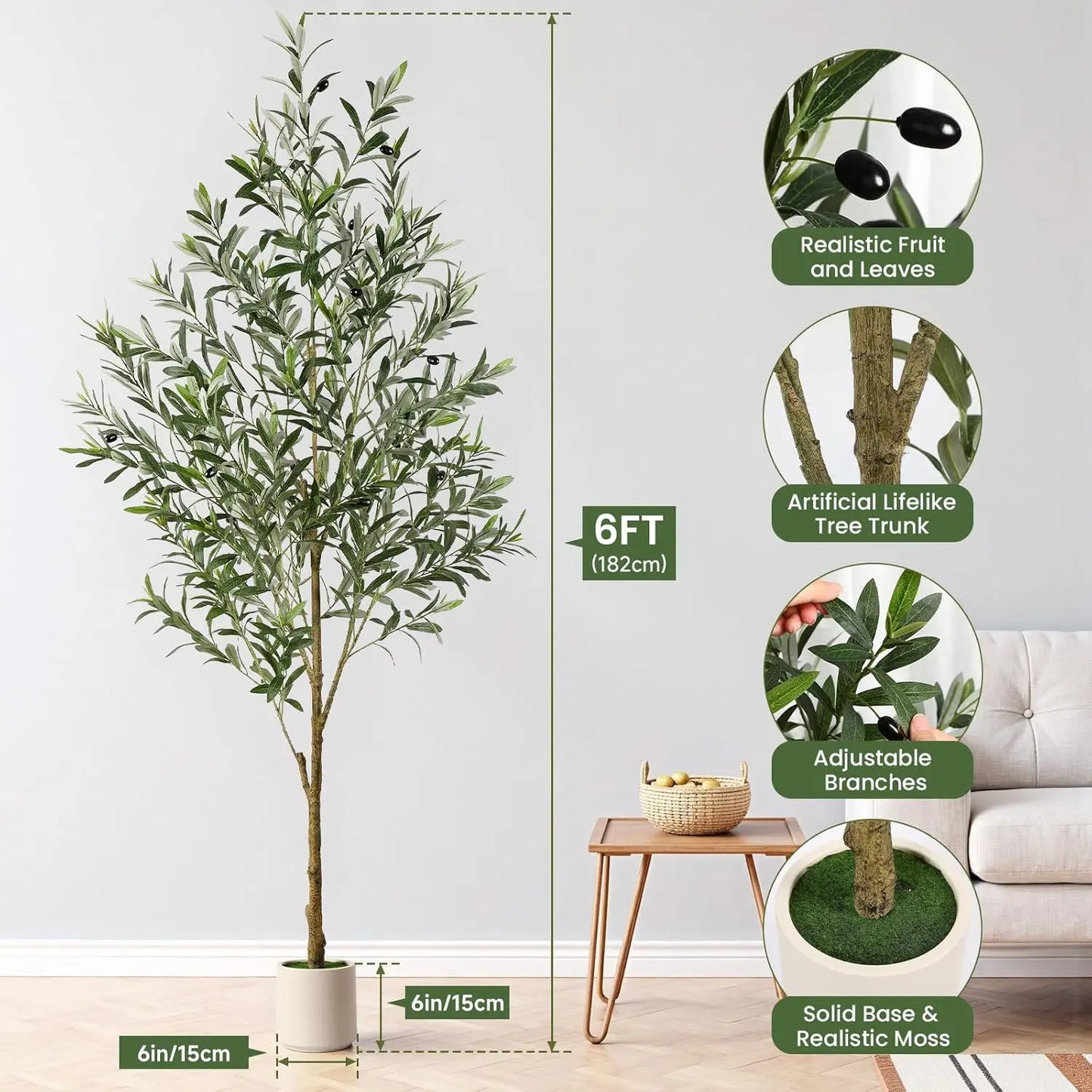 Six Foot Artificial Olive Tree With Realistic Trunk And Fruits In White Planter For Home Office Living Room Decor