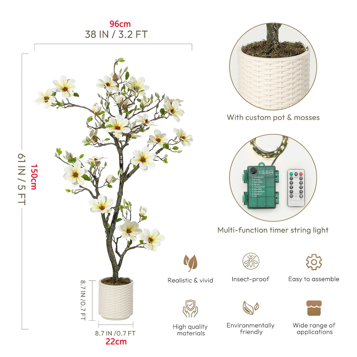 Artificial Magnolia Plant With LED Lights Outdoor Decor