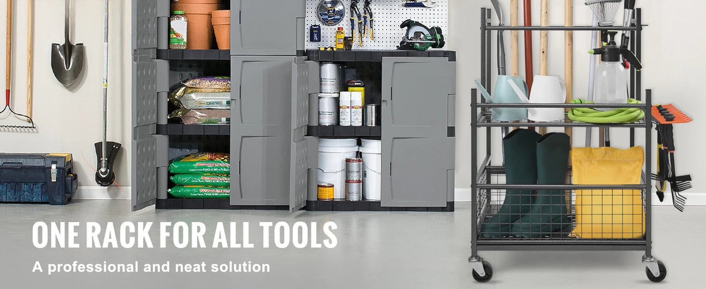 16 Slots Garden Tool Organizer Rack With Hooks And Wheels For Garage