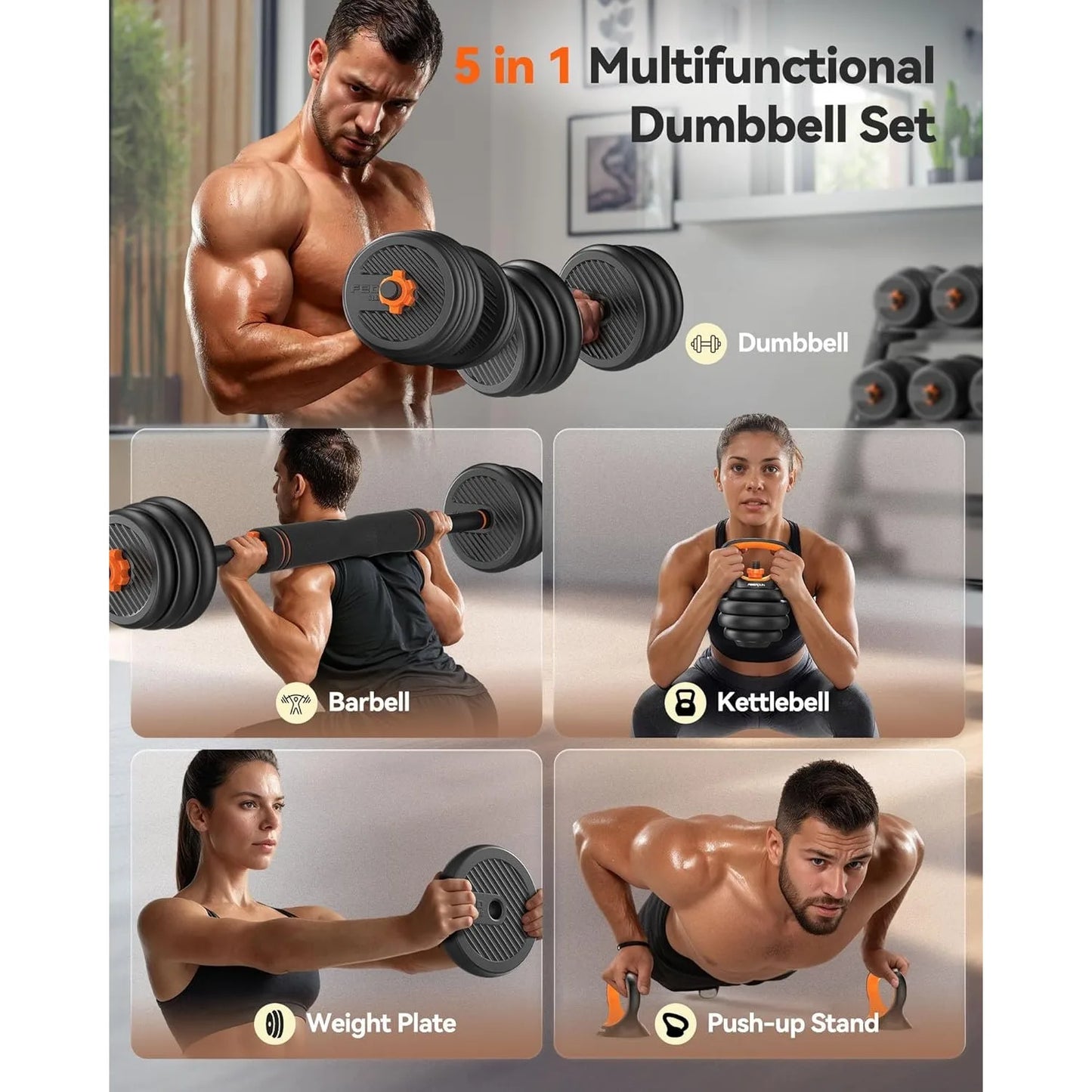 FEIERDUN Adjustable Dumbbells 70 Pound Five In One Free Weight Set Barbell Kettlebell Push Up Stand
