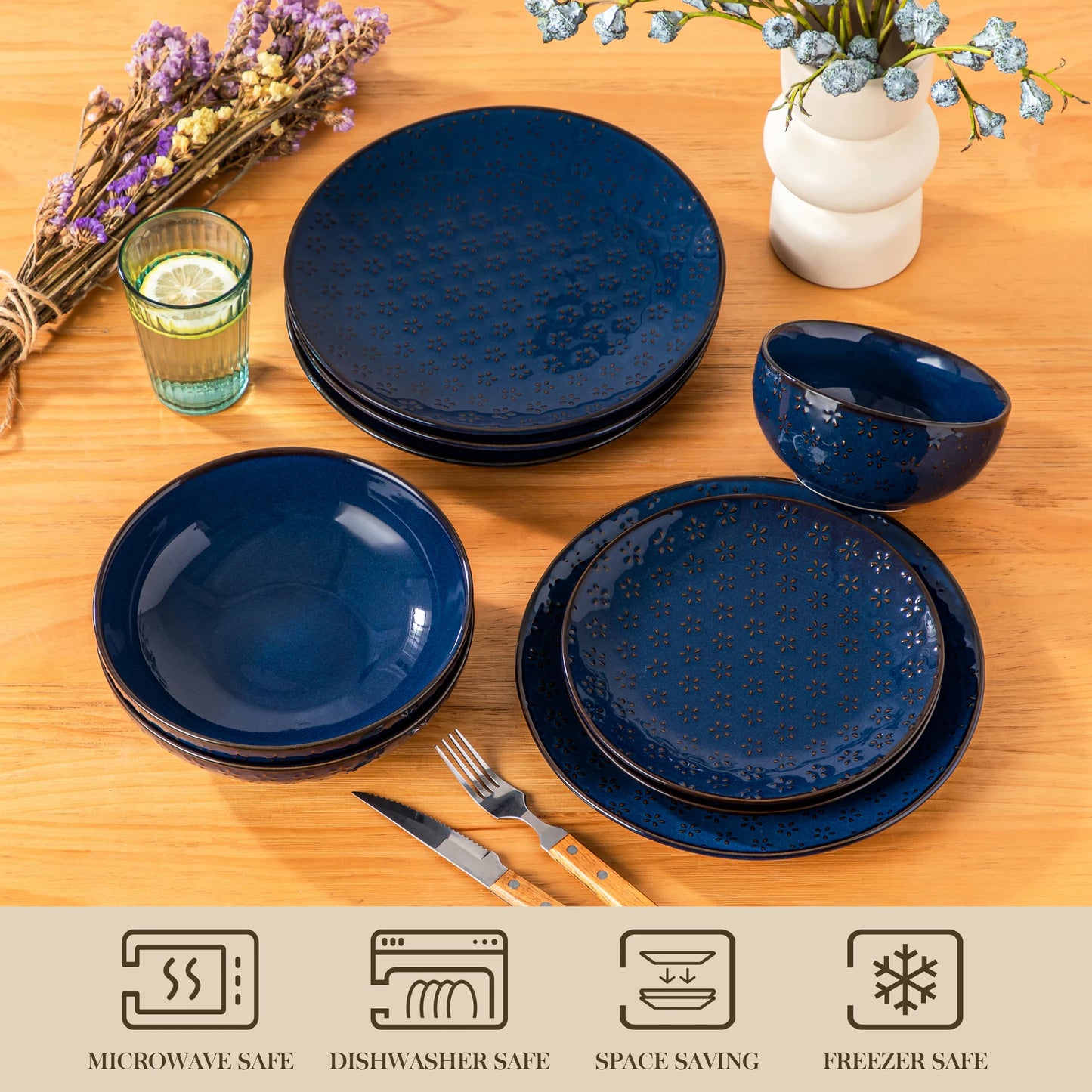 MALACASA Lydia Stoneware Dinner Set Embossed Plates And Bowls