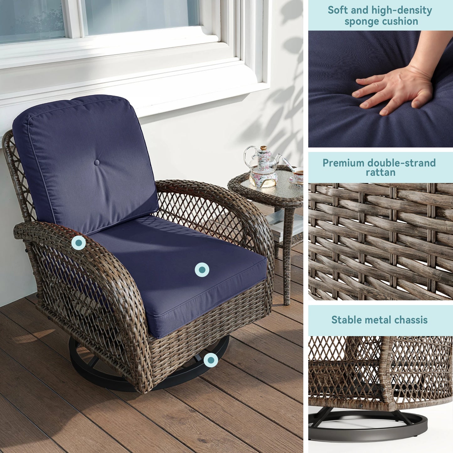 3 Piece Patio Furniture Set With Cushioned Bistro Chairs
