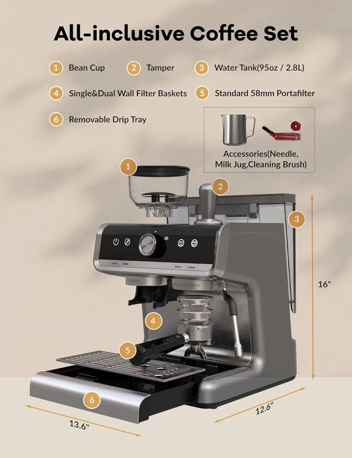 Acekool 20 Bar Espresso Machine With Grinder 1450W