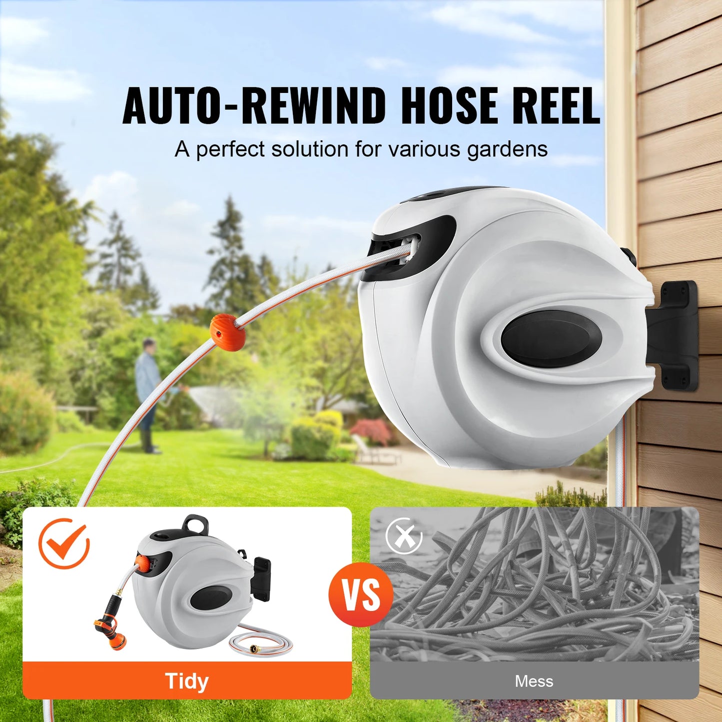 SucceBuy Retractable Hose Reel With 180 Degree Swivel And 9 Pattern Nozzle