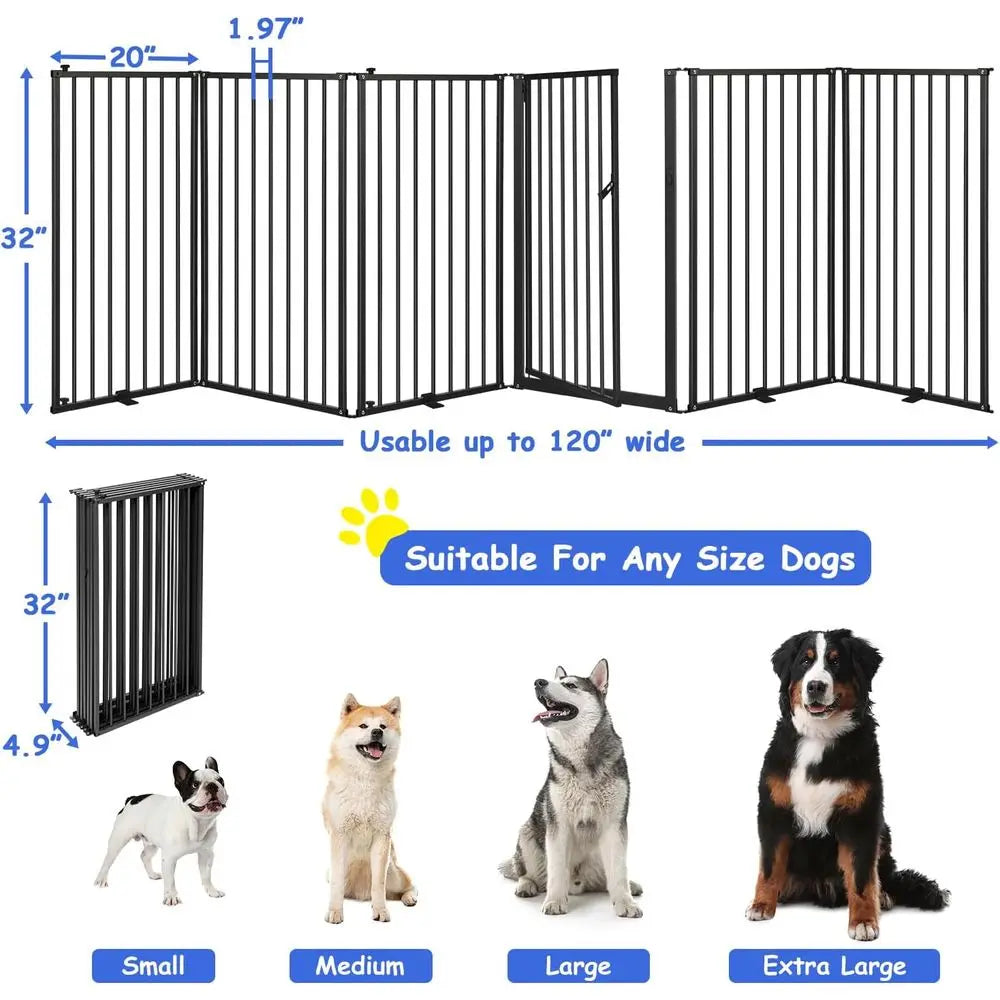 Six Panel Freestanding Metal Dog Gate With Door Indoor Outdoor
