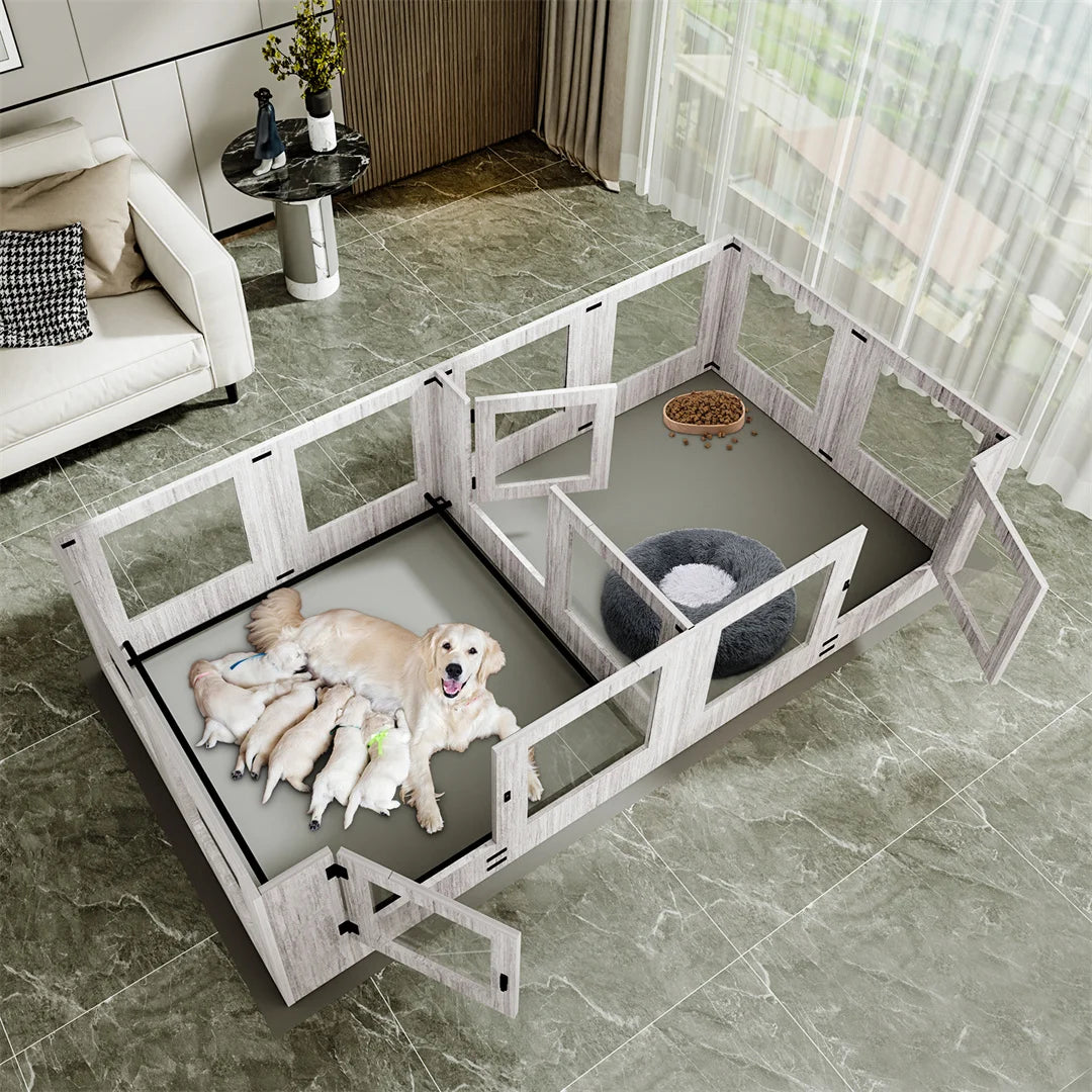 Bingopaw Detachable Tempered Glass Dog Playpen Whelping Box Protective Rails