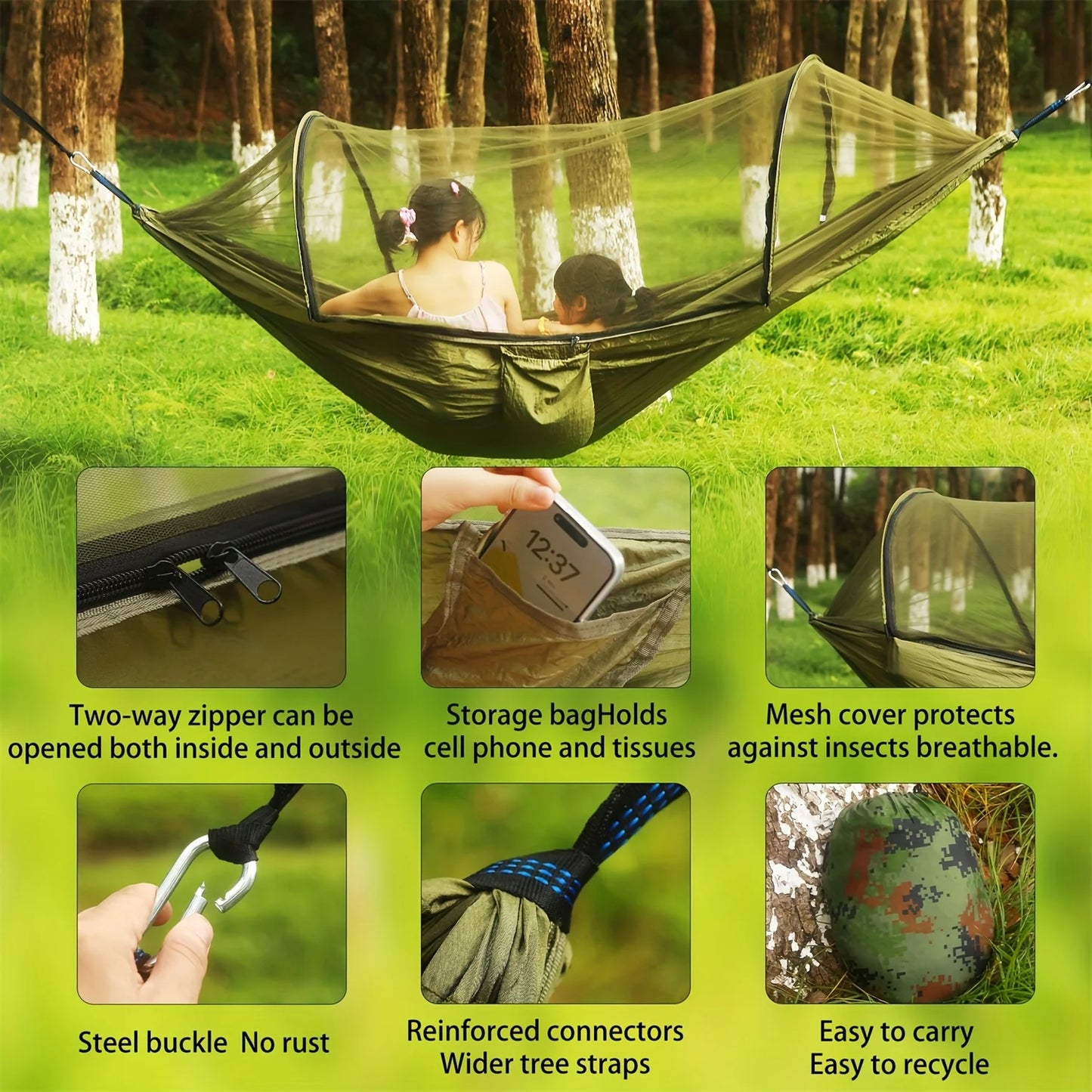 Double Camping Hammock With Mosquito Net And Sun Shade Canopy