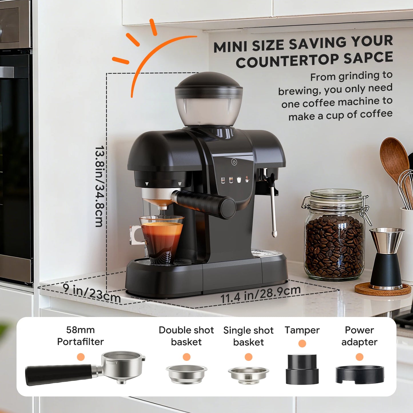 Capadeli 19 Bar 3 In 1 Espresso Machine With Grinder