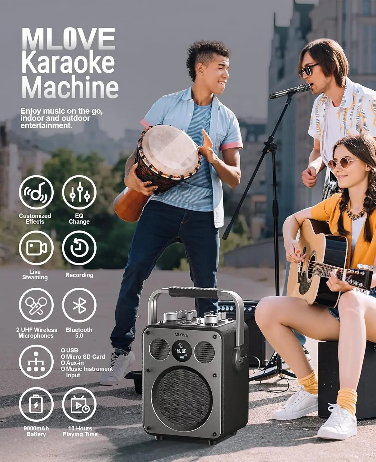 MLOVE D5 Karaoke Machine Bluetooth PA System 2 Wireless Microphones