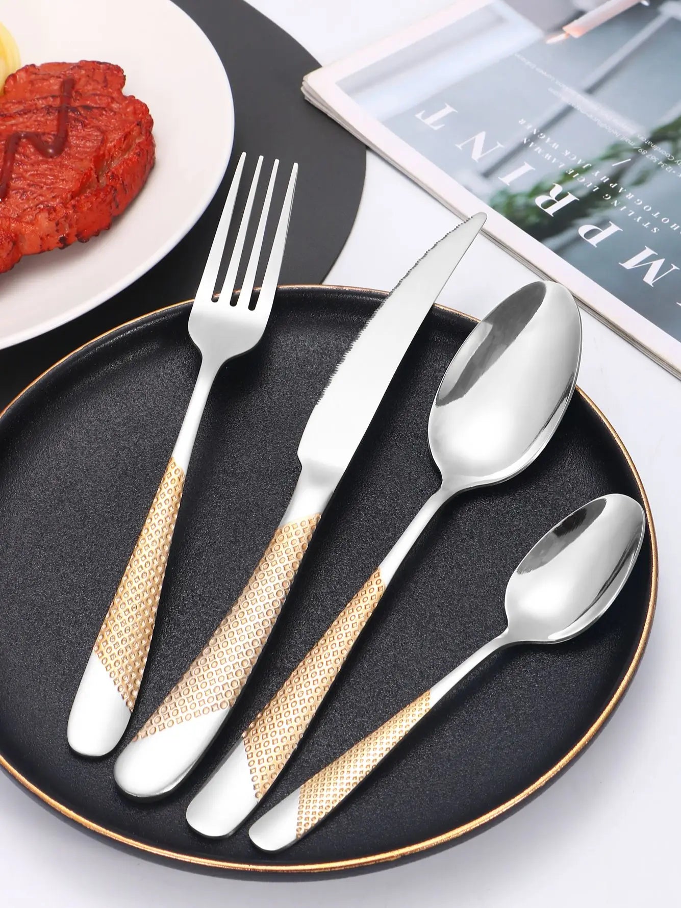Stainless Steel 24 Piece Tableware Set With Star Diamond Pattern