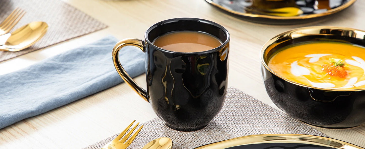 MALACASA Porcelain Dinnerware Set With Gold Trim Plates Cups Bowls